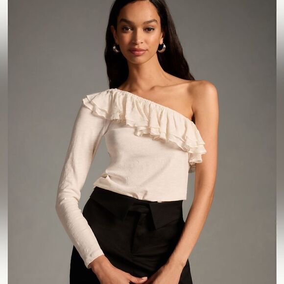 Anthropologie Sheer Polka Dot Ruffle One Shoulder Top Cotton Long Sleeve Cream L - Picture 1 of 11